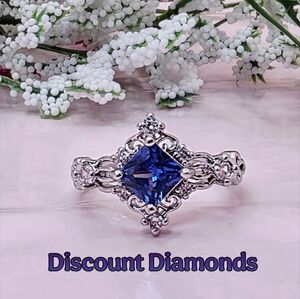 Vintage Princess Cut Blue Sapphire & White Baguette Diamond Cocktail Ring 925